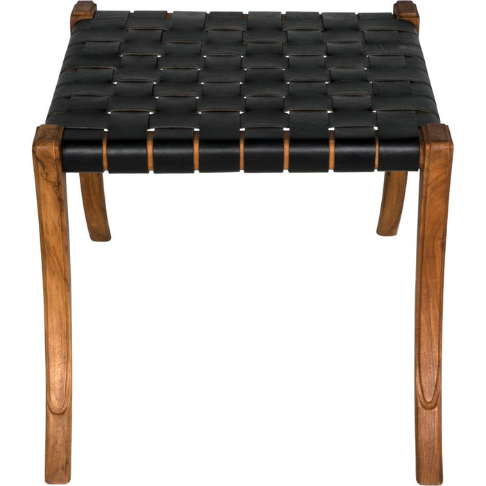 Noir Sparti Stool - Teak & Black Leather, 31" W